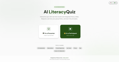 Demo do quiz AI Literacy na tela de entrada com código de sala