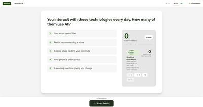 Demo do quiz AI Literacy mostrando a discussão de uma resposta