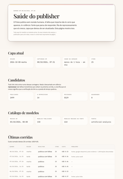 Página Saúde do publisher do Pulso com a idade da capa, os candidatos e as últimas corridas